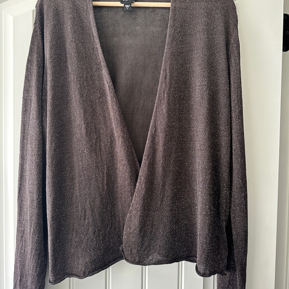 Eileen Fisher Cardigan Womens L Brown Linen Blend Open Front Lightweight